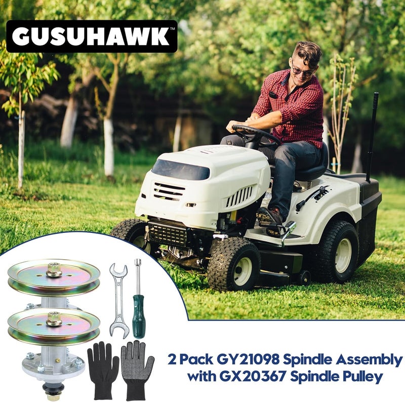GUSUHAWK 2 Pack Pre-Greased GY21098 Spindle Assembly with GX20367 Pulley Replace John Deere AUC15811, GY21098, GY20454 for John Deere D100 D105 D110 D125 D130 E100 E110 E130 LA105 LA110 LA115 Tractors - Image 2